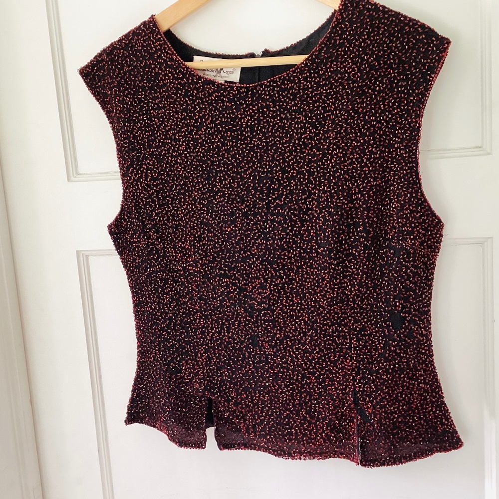 Vintage Beaded Black and Red top Silk Laurence Kazar size L tailored FLAW